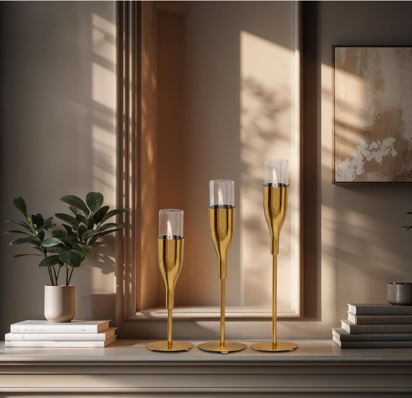A stylish console table featuring a set of three gold and glass candle holders in varying heights, placed beside stacked books and potted plants, with soft natural light casting shadows on the neutral-toned wall.